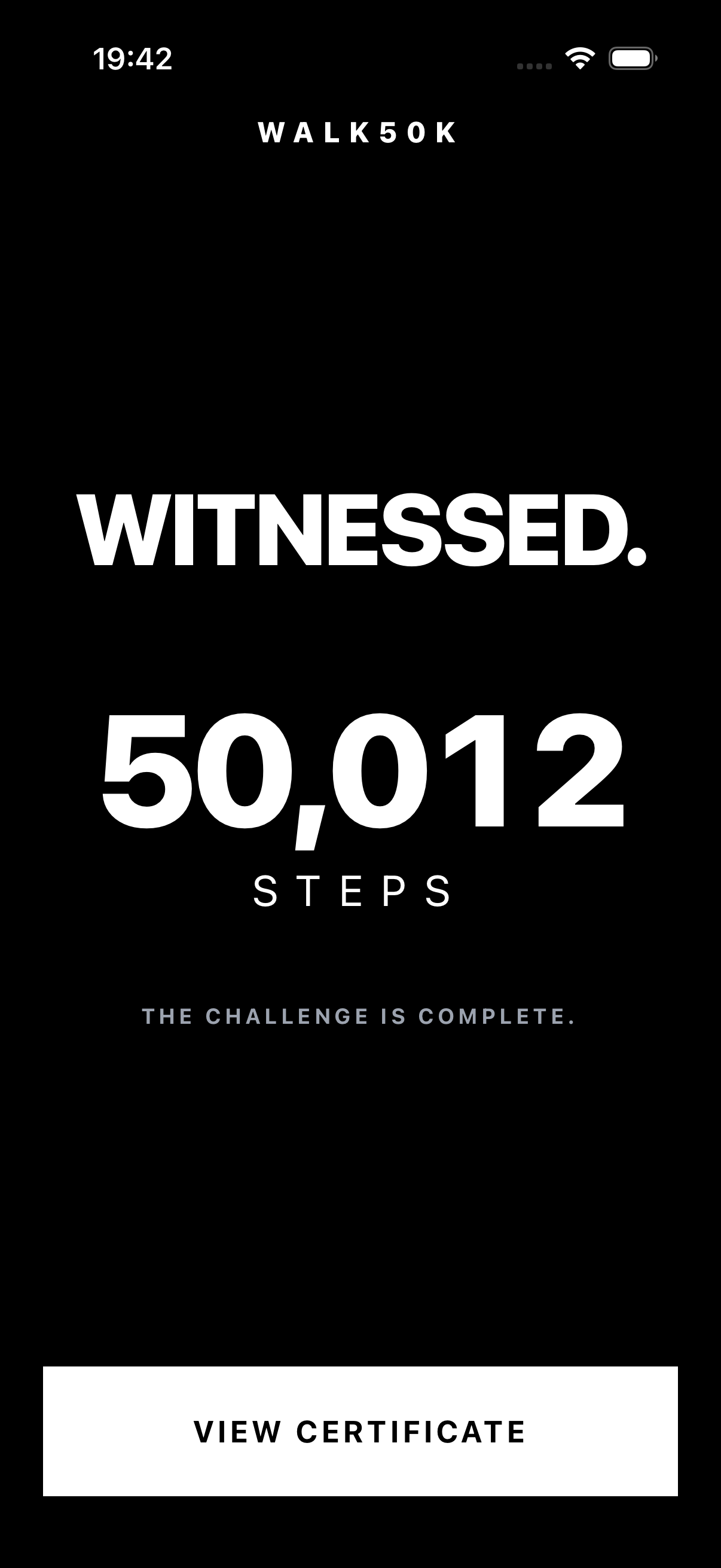 Completion screen — 50,000 steps celebration