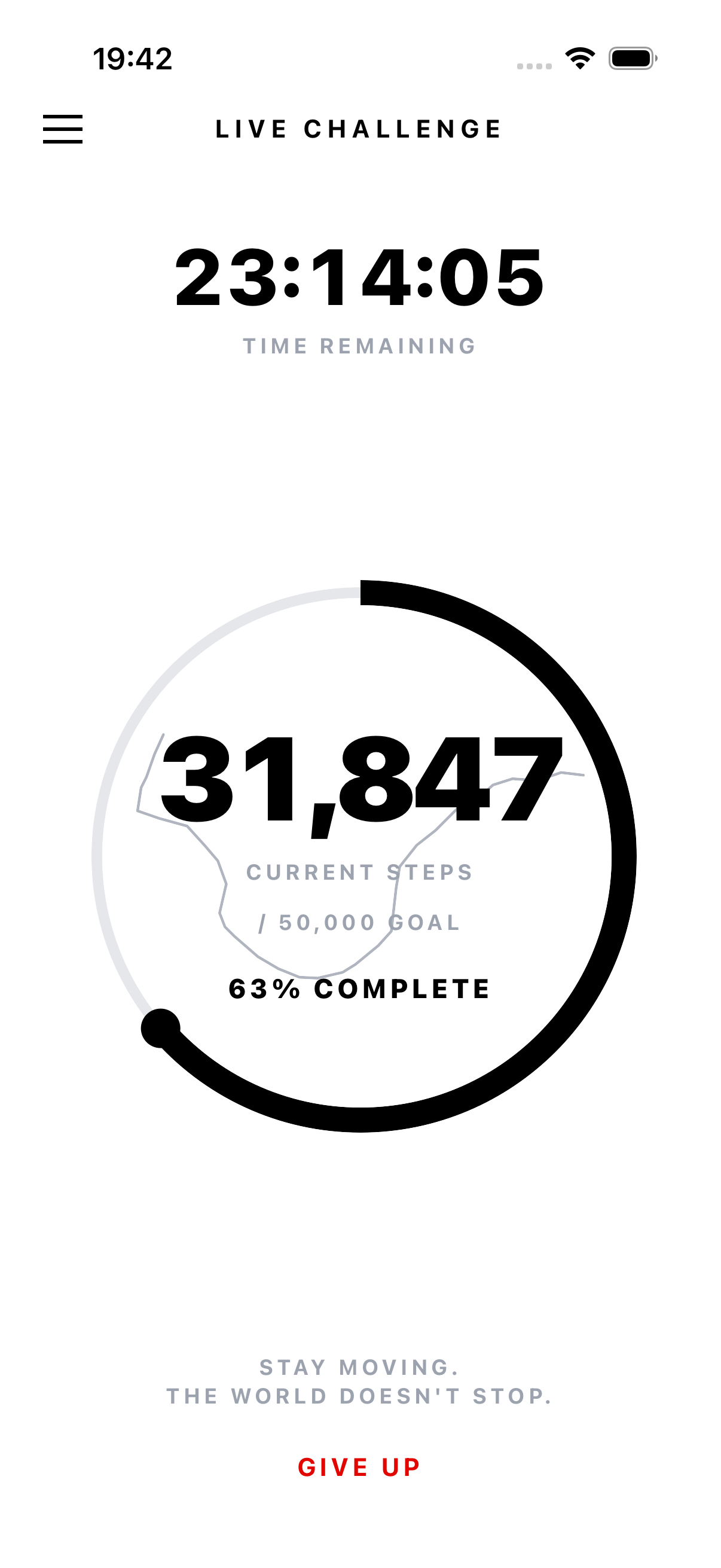 Active challenge — live step counter at 23,847 with a 24h countdown