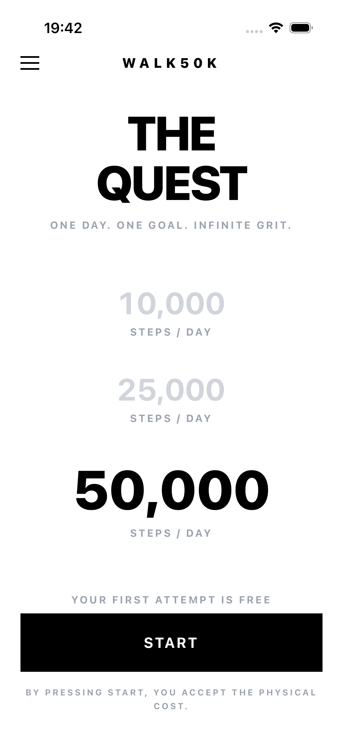 Start screen — one big START button on a white background